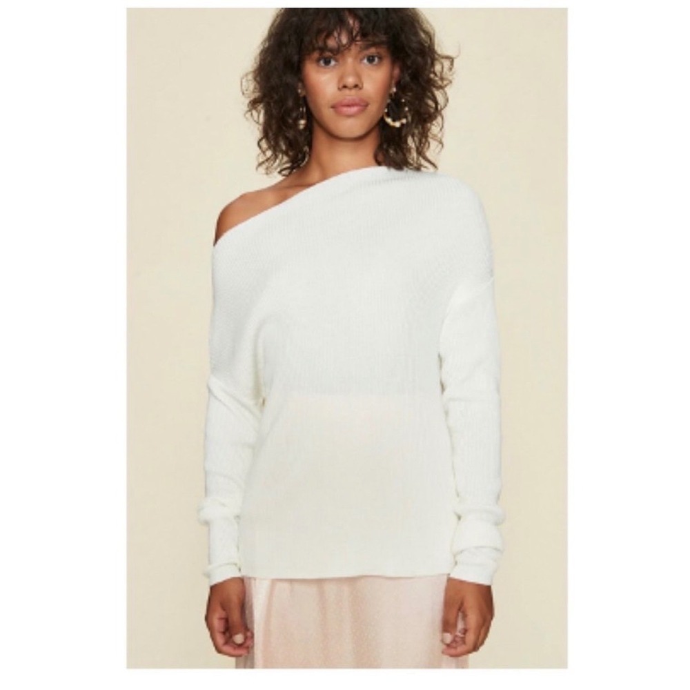 LPA Costa Cream Ribbed Wool Blend Off Shoulder Boatneck Sweater‎ XXS Ivory White